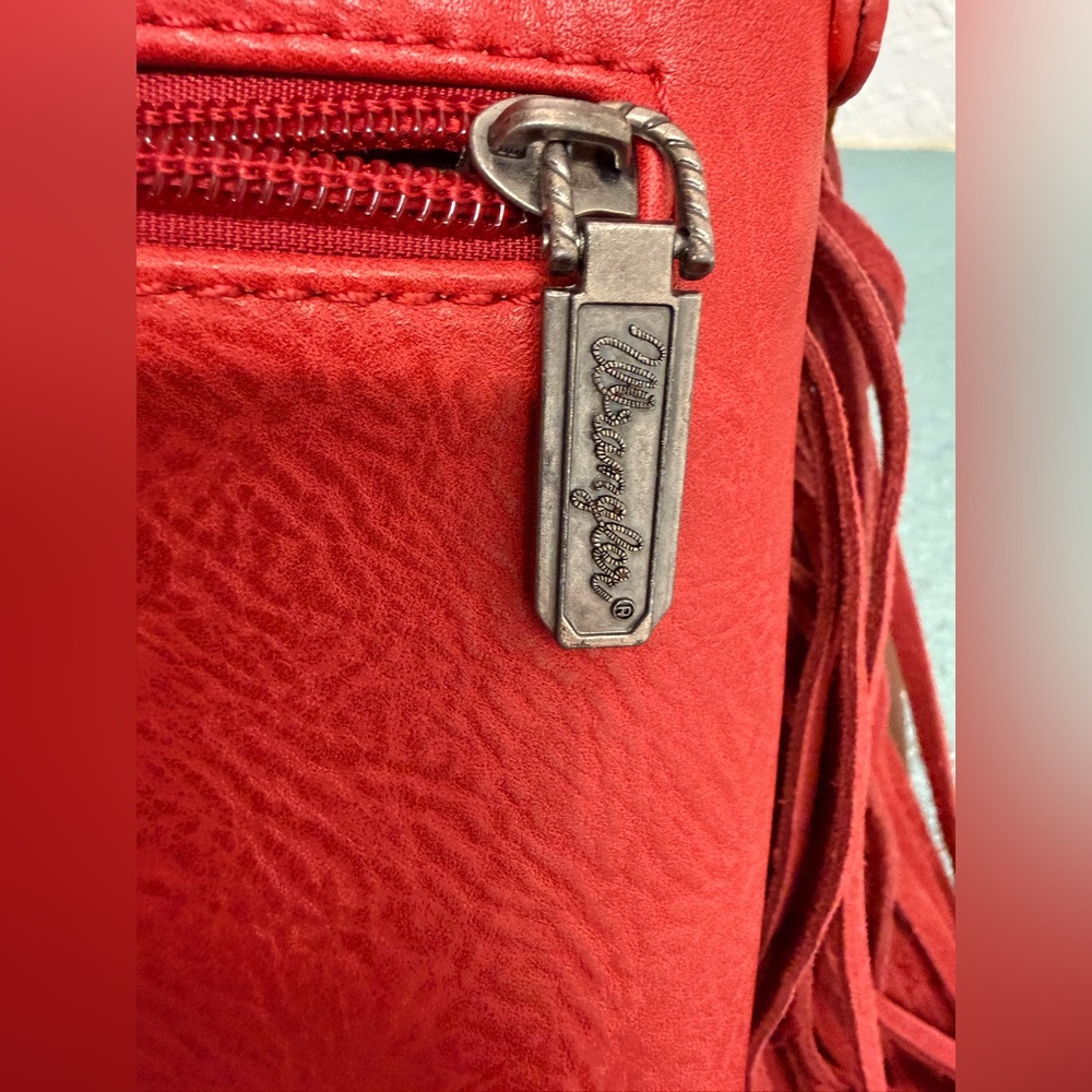 Wrangler Leather Fringe Denim Red Crossbody Bag - Picture 12 of 15